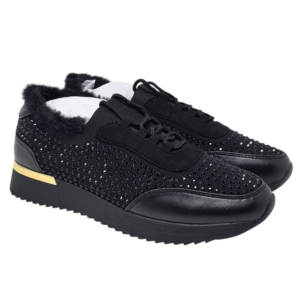 Kenneth Cole Reaction‎ Women Black Faux Fur Jewel Jogger Sneaker Size 7 NIB
